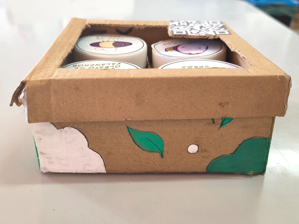 La caja del kit decorada con hojas pintadas a mano